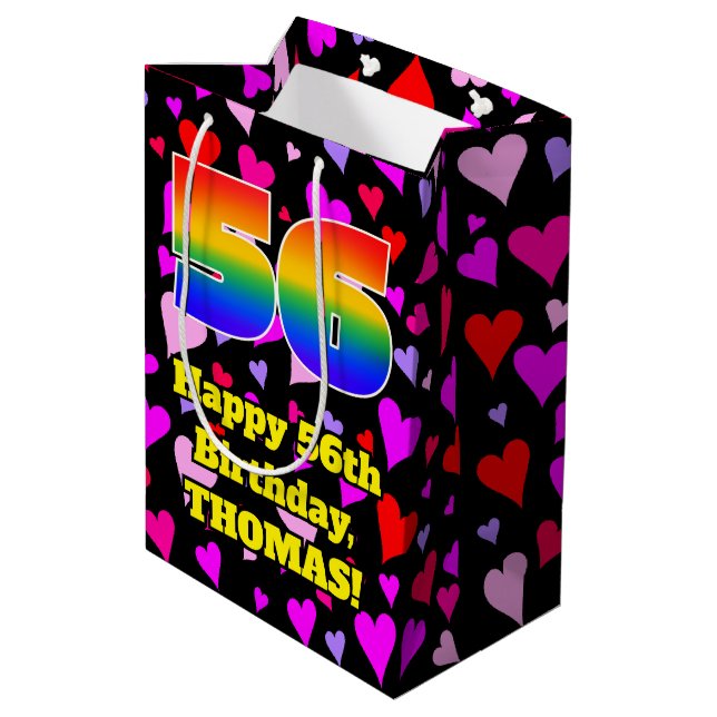 Sac Cadeau Moyen 56e anniversaire : Amour Hearts Motif, Arc-en-ciel (Dos Angle)