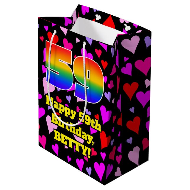 Sac Cadeau Moyen 59e anniversaire : Amour Hearts Motif, Arc en ciel (Dos Angle)