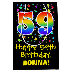 Sac Cadeau Moyen 59e anniversaire : Colorful Stars Motif & Rainbow 