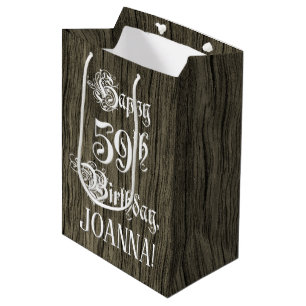 Sac Cadeau Moyen 59e anniversaire : fantaisie, Faux Wood Look + Nom