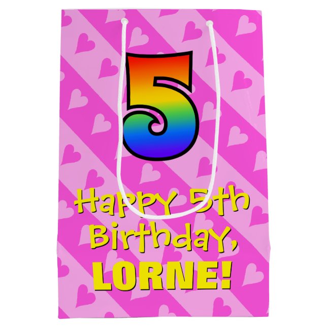 Sac Cadeau Moyen 5e anniversaire : Amusants Coeurs roses Stripes &  (Dos)