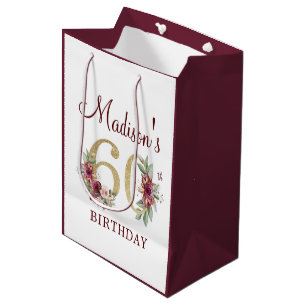 Sac Cadeau Moyen 60e anniversaire Bourgogne Gold Floral personnalis