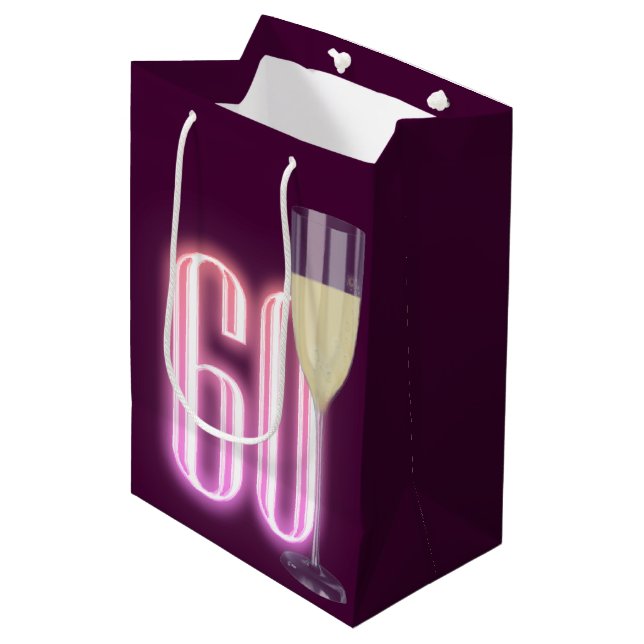 Sac Cadeau Moyen 60e anniversaire Neon signe avec vin (Devant Angle)