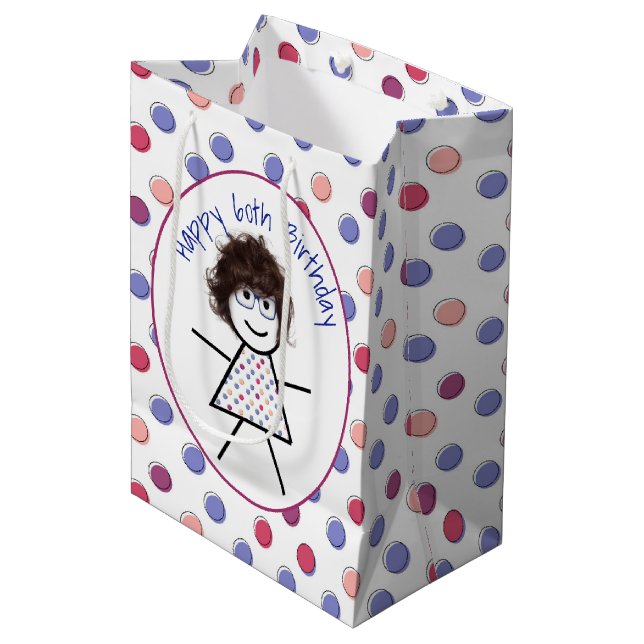 Sac Cadeau Moyen 60e Anniversaire Stick Girl sur Pois (Devant Angle)