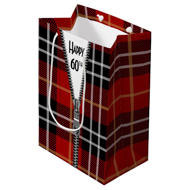 Sac Cadeau Moyen 60e anniversaire Zipper sur Tartan Plaid (Devant Angle)