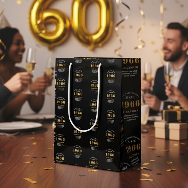Sac Cadeau Moyen 60th Birthday 1966 Black Gold Chic Elegant (Born 1966 birthday gift bag. Background out of focus.)