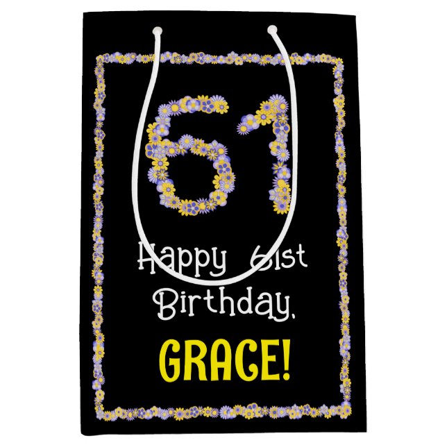 Sac Cadeau Moyen 61e anniversaire : Floral Flowers Numéro, Nom pers (Devant)