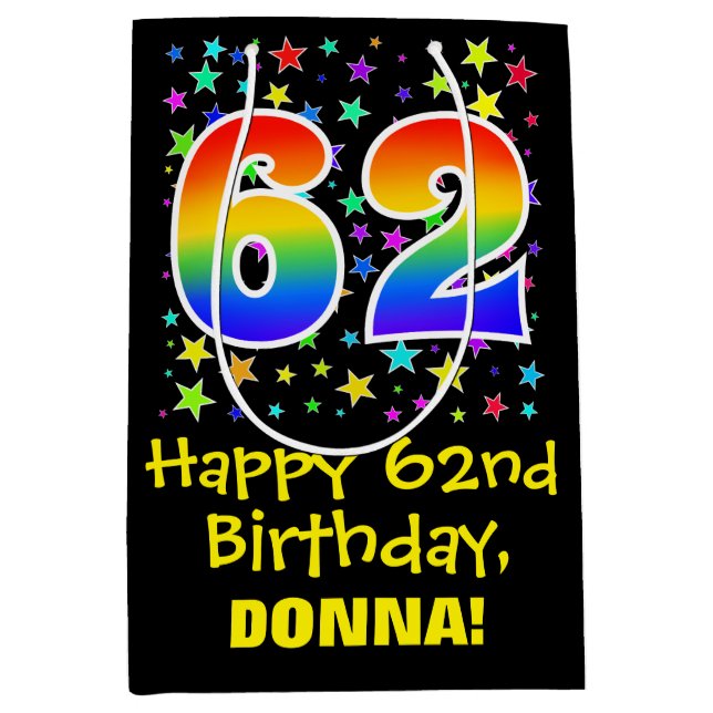 Sac Cadeau Moyen 62e anniversaire : Colorful Stars Motif & Rainbow  (Devant)