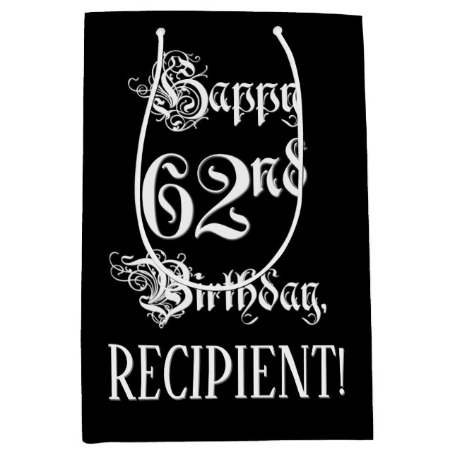 Sac Cadeau Moyen 62e anniversaire : Fancy, Elegant Script + Nom per (Devant)