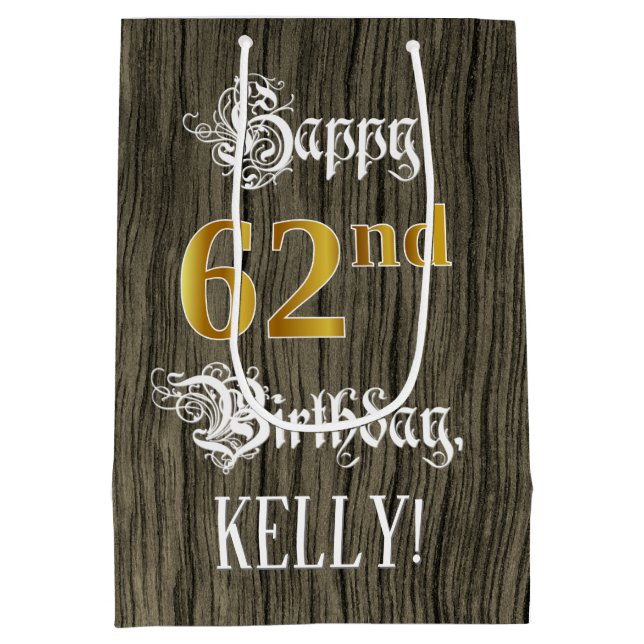 Sac Cadeau Moyen 62e anniversaire : Faux Gold Look & Faux Wood Moti (Dos)