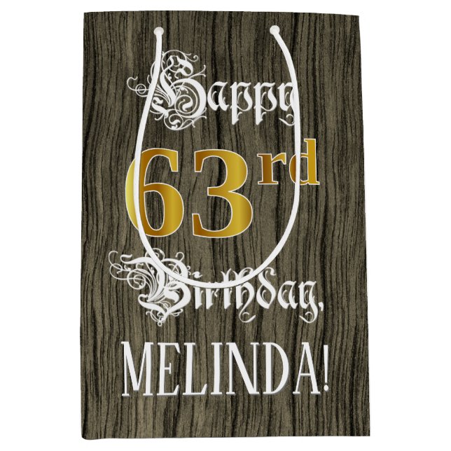 Sac Cadeau Moyen 63e anniversaire : Faux Gold Look & Faux Wood Moti (Devant)