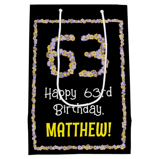Sac Cadeau Moyen 63e anniversaire : Floral Flowers Numéro, Nom pers (Dos)