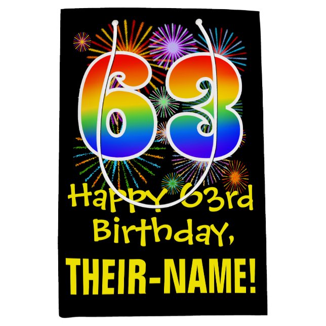 Sac Cadeau Moyen 63e anniversaire : Fun Fireworks Motif + Rainbow 6 (Devant)