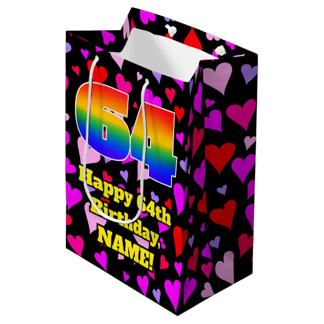 Sac Cadeau Moyen 64e anniversaire : Amour Hearts Motif, Arc-en-ciel (Devant Angle)