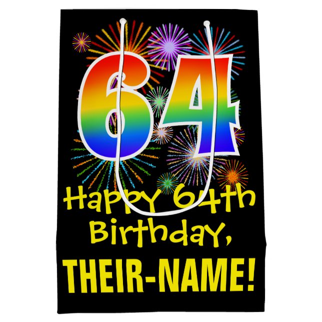 Sac Cadeau Moyen 64e anniversaire : Fun Fireworks Motif + Rainbow 6 (Dos)