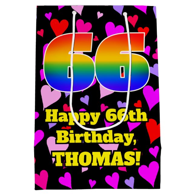 Sac Cadeau Moyen 66e anniversaire : Amour Hearts Motif, Arc en ciel (Dos)