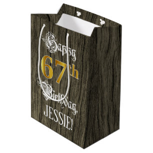 Sac Cadeau Moyen 67e anniversaire : Faux Gold Look & Faux Wood Moti