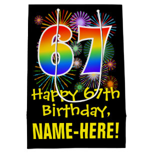 Sac Cadeau Moyen 67ème anniversaire : Fun Fireworks Motif + Rainbow
