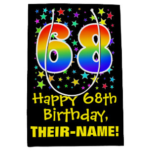 Sac Cadeau Moyen 68e anniversaire : Colorful Stars Motif & Rainbow 