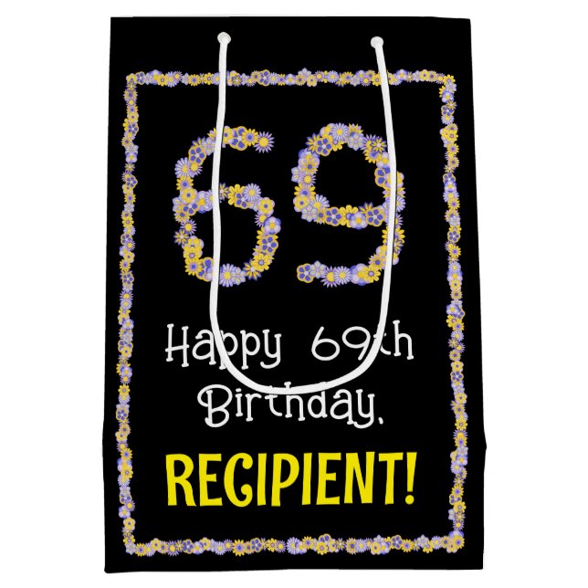 Sac Cadeau Moyen 69e anniversaire : Floral Flowers Numéro, Nom pers (Dos)