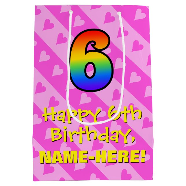 Sac Cadeau Moyen 6e anniversaire : Amusants Coeurs roses Stripes &  (Dos)