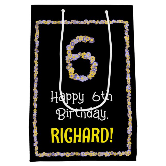 Sac Cadeau Moyen 6e anniversaire : Floral Flowers Numéro, Nom perso (Dos)