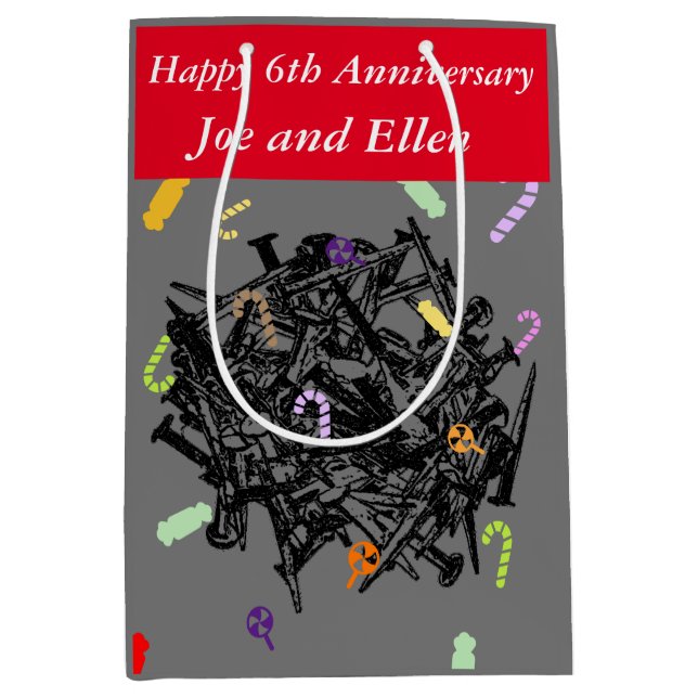 Sac Cadeau Moyen 6e anniversaire Mariage, ongles et bonbons (Devant)