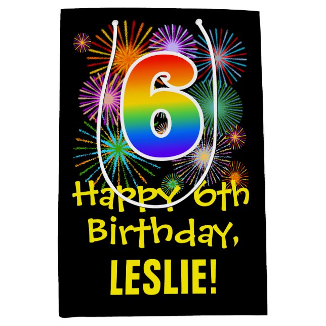 Sac Cadeau Moyen 6ème anniversaire : Fun Motif Fireworks + Rainbow  (Devant)