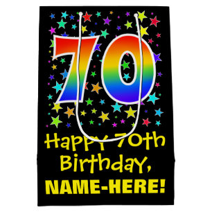 Sac Cadeau Moyen 70e anniversaire : Colorful Stars Motif & Rainbow 