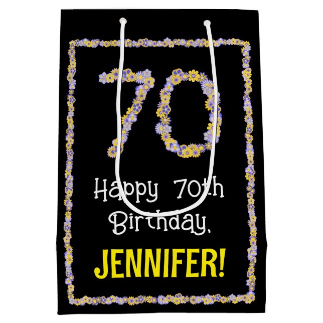 Sac Cadeau Moyen 70e anniversaire : Floral Flowers Numéro, Nom pers (Dos)
