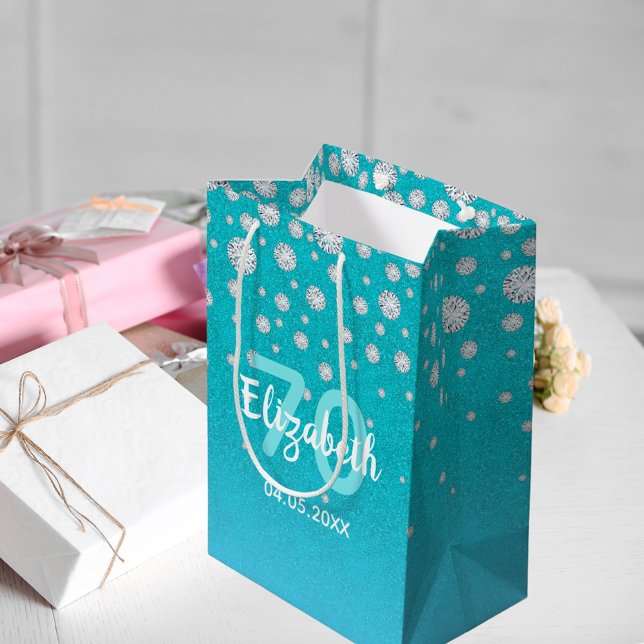 Sac Cadeau Moyen 70e anniversaire turquoise bleu vert nom diamants (Créateur téléchargé)