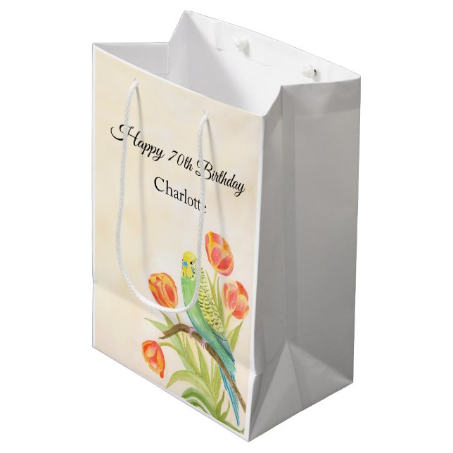 Sac Cadeau Moyen 70th Birthday Party Parakeet with Tulips  (Devant Angle)