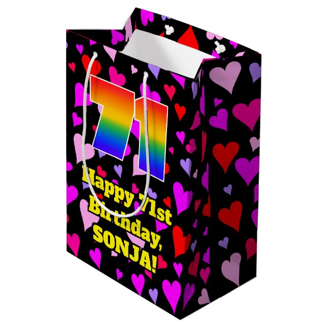 Sac Cadeau Moyen 71e anniversaire : Amour Hearts Motif, Arc-en-ciel (Dos Angle)