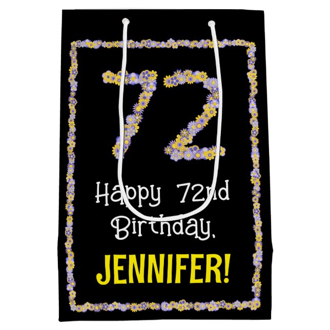 Sac Cadeau Moyen 72e anniversaire : Floral Flowers Numéro, Nom pers (Dos)