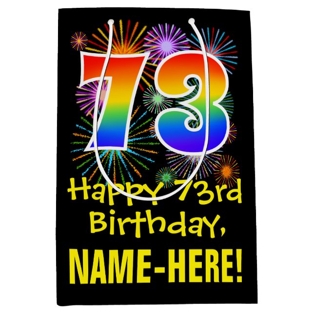 Sac Cadeau Moyen 73e anniversaire : Fun Fireworks Motif + Rainbow 7 (Devant)