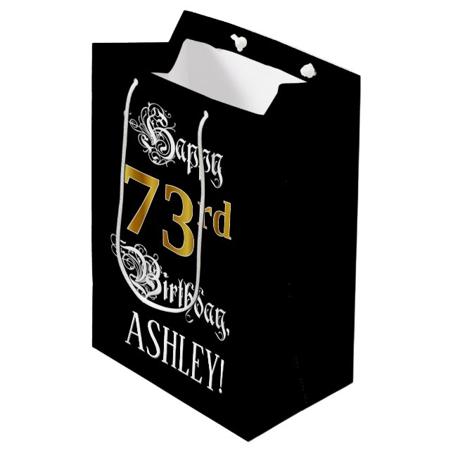Sac Cadeau Moyen 73e anniversaire ~ Script fantaisie; Faux Gold Loo (Devant Angle)