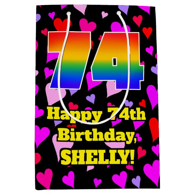 Sac Cadeau Moyen 74e anniversaire : Amour Hearts Motif, Arc en ciel (Devant)