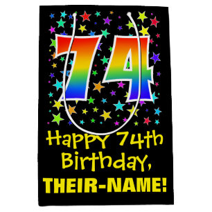 Sac Cadeau Moyen 74e anniversaire : Colorful Stars Motif & Rainbow 