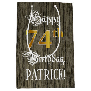 Sac Cadeau Moyen 74e anniversaire : Faux Gold Look & Faux Wood Moti