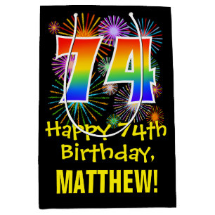 Sac Cadeau Moyen 74e anniversaire : Fun Fireworks Motif + Rainbow 7