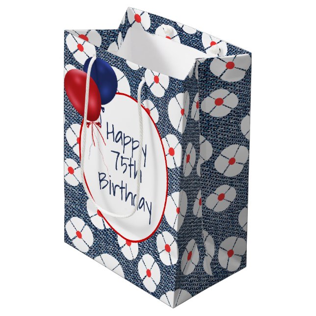 Sac Cadeau Moyen 75e anniversaire Ballons sur Denim floral (Devant Angle)