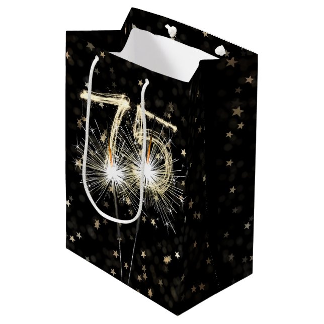 Sac Cadeau Moyen 75e anniversaire Sparklers en noir avec étoiles (Devant Angle)