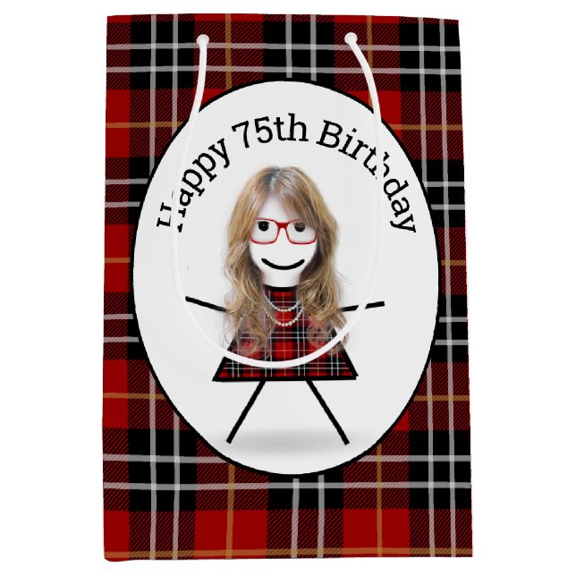 Sac Cadeau Moyen 75e Anniversaire Stick Girl sur Tartan Plaid (Devant)