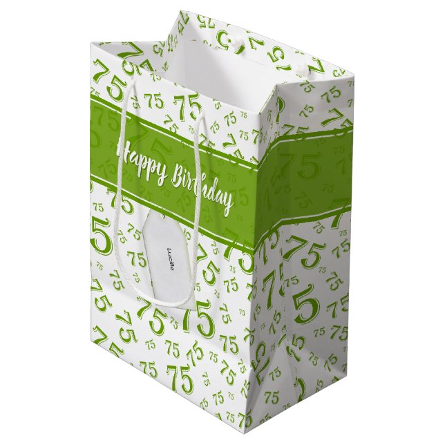 Sac Cadeau Moyen 75e Joyeux anniversaire Motif vert/blanc (Devant Angle)