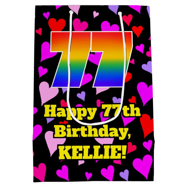 Sac Cadeau Moyen 77e anniversaire : Amour Hearts Motif, Arc en ciel (Dos)