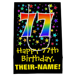 Sac Cadeau Moyen 77e anniversaire : Colorful Stars Motif & Rainbow 