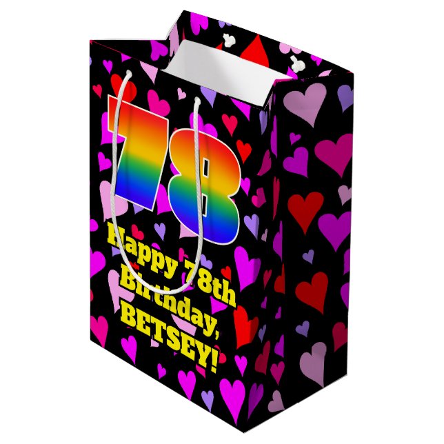 Sac Cadeau Moyen 78e anniversaire : Amour Hearts Motif, Arc-en-ciel (Dos Angle)