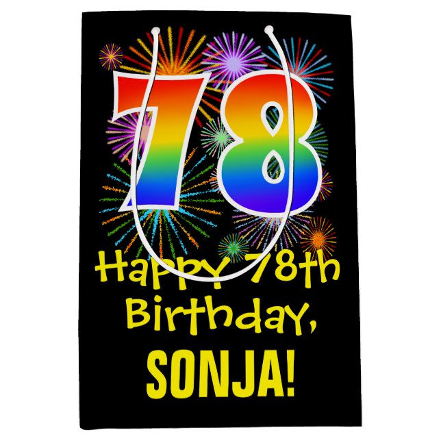 Sac Cadeau Moyen 78e anniversaire : Fun Fireworks Motif + Rainbow 7 (Devant)