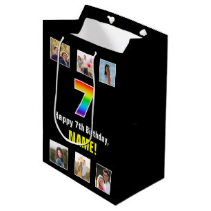 Sac Cadeau Moyen 7e anniversaire : Arc-en-ciel "7", photos et nom p