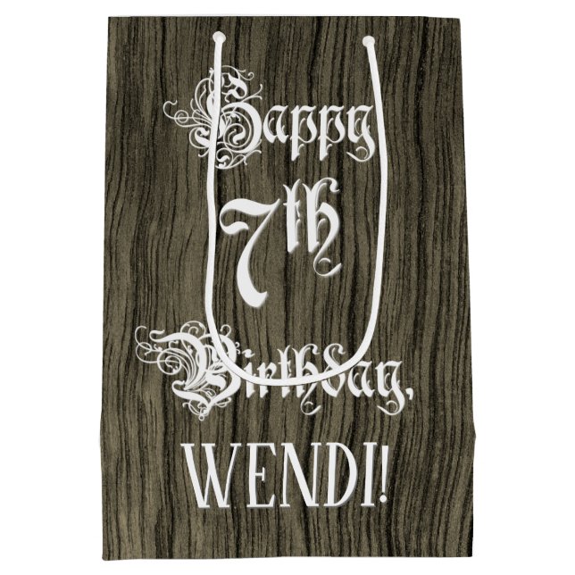 Sac Cadeau Moyen 7e anniversaire : Fancy, Faux Wood Look + Custom N (Dos)